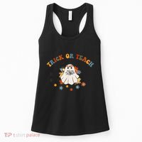 Trick or Teach Groovy Halloween Retro Floral Ghost Teacher Women's Tank Top thumb 0