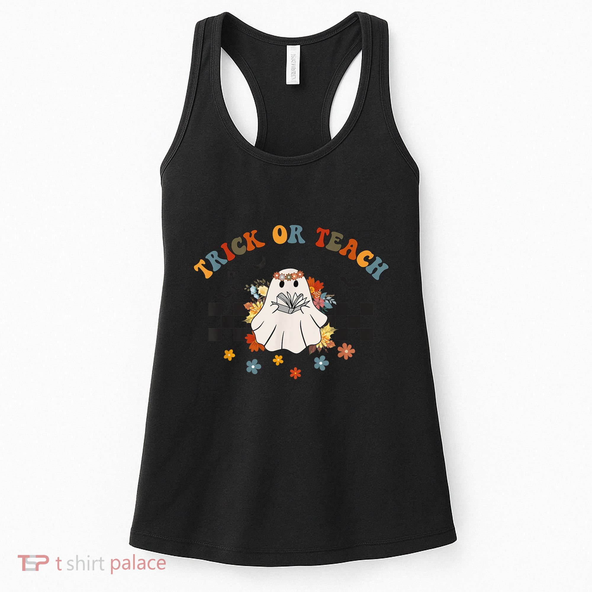 Trick or Teach Groovy Halloween Retro Floral Ghost Teacher Women's Tank Top