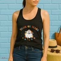 Trick or Teach Groovy Halloween Retro Floral Ghost Teacher Women's Tank Top thumb 2