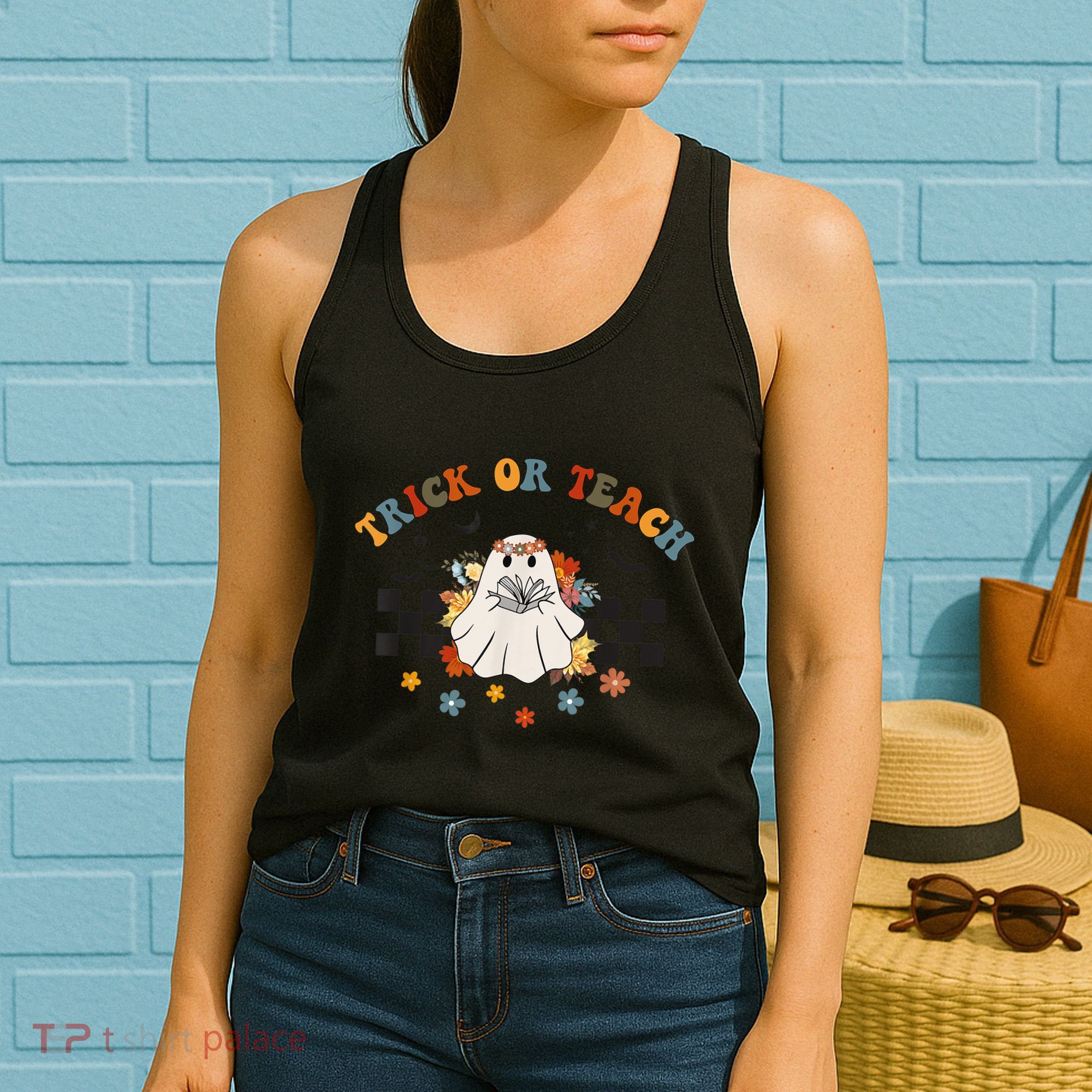 Trick or Teach Groovy Halloween Retro Floral Ghost Teacher Women's Tank Top