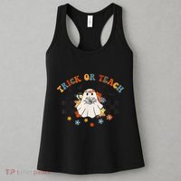 Trick or Teach Groovy Halloween Retro Floral Ghost Teacher Women's Tank Top thumb 3
