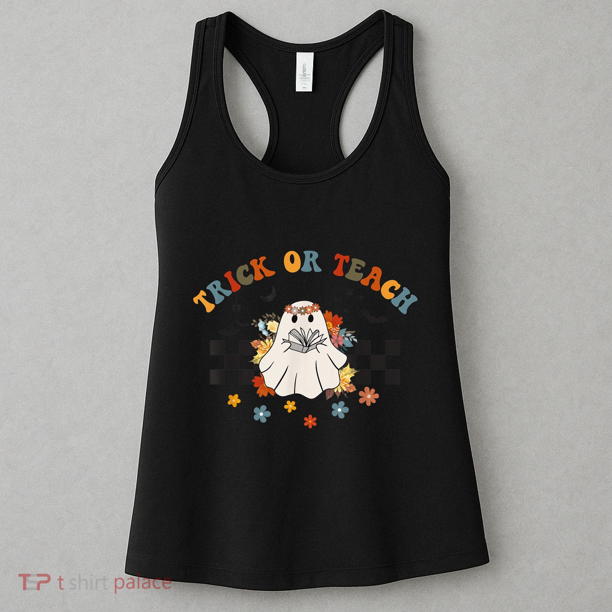 Trick or Teach Groovy Halloween Retro Floral Ghost Teacher Women's Tank Top