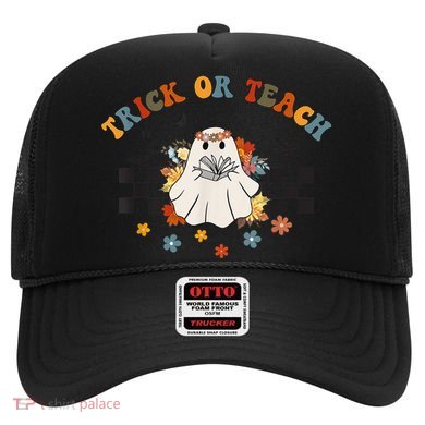 Trick or Teach Groovy Halloween Retro Floral Ghost Teacher Hat