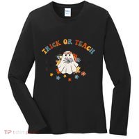 Trick or Teach Groovy Halloween Retro Floral Ghost Teacher Women's Long Sleeve Shirt thumb 0
