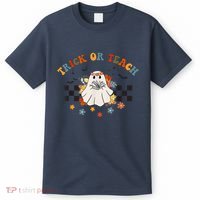 Trick or Teach Groovy Halloween Retro Floral Ghost Teacher T-Shirt thumb 0