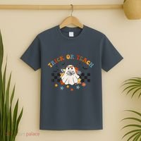 Trick or Teach Groovy Halloween Retro Floral Ghost Teacher T-Shirt thumb 2