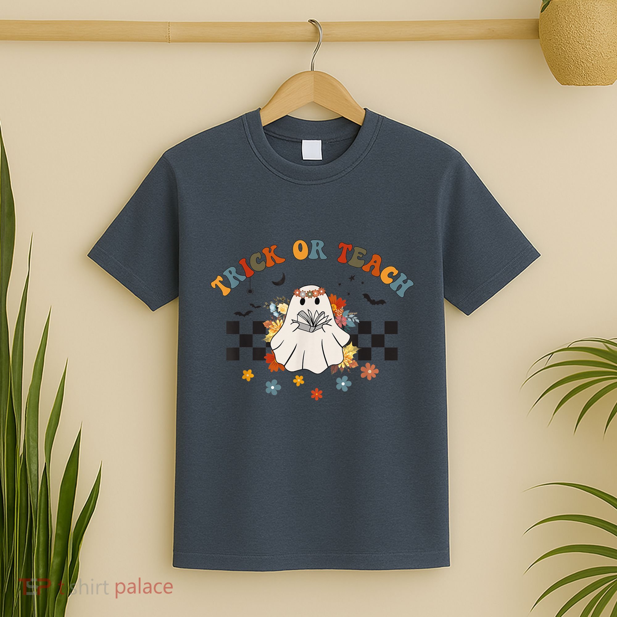 Trick or Teach Groovy Halloween Retro Floral Ghost Teacher T-Shirt