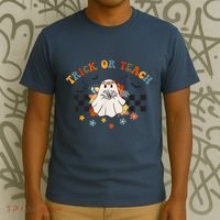 Trick or Teach Groovy Halloween Retro Floral Ghost Teacher T-Shirt thumb 3
