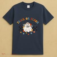 Trick or Teach Groovy Halloween Retro Floral Ghost Teacher T-Shirt thumb 4