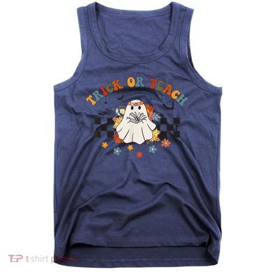 Trick or Teach Groovy Halloween Retro Floral Ghost Teacher Tank Top