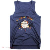 Trick or Teach Groovy Halloween Retro Floral Ghost Teacher Tank Top thumb 0