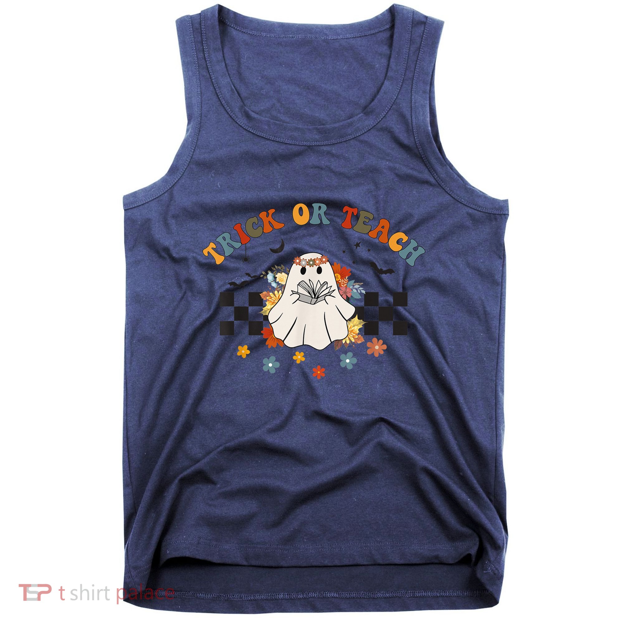 Trick or Teach Groovy Halloween Retro Floral Ghost Teacher Tank Top