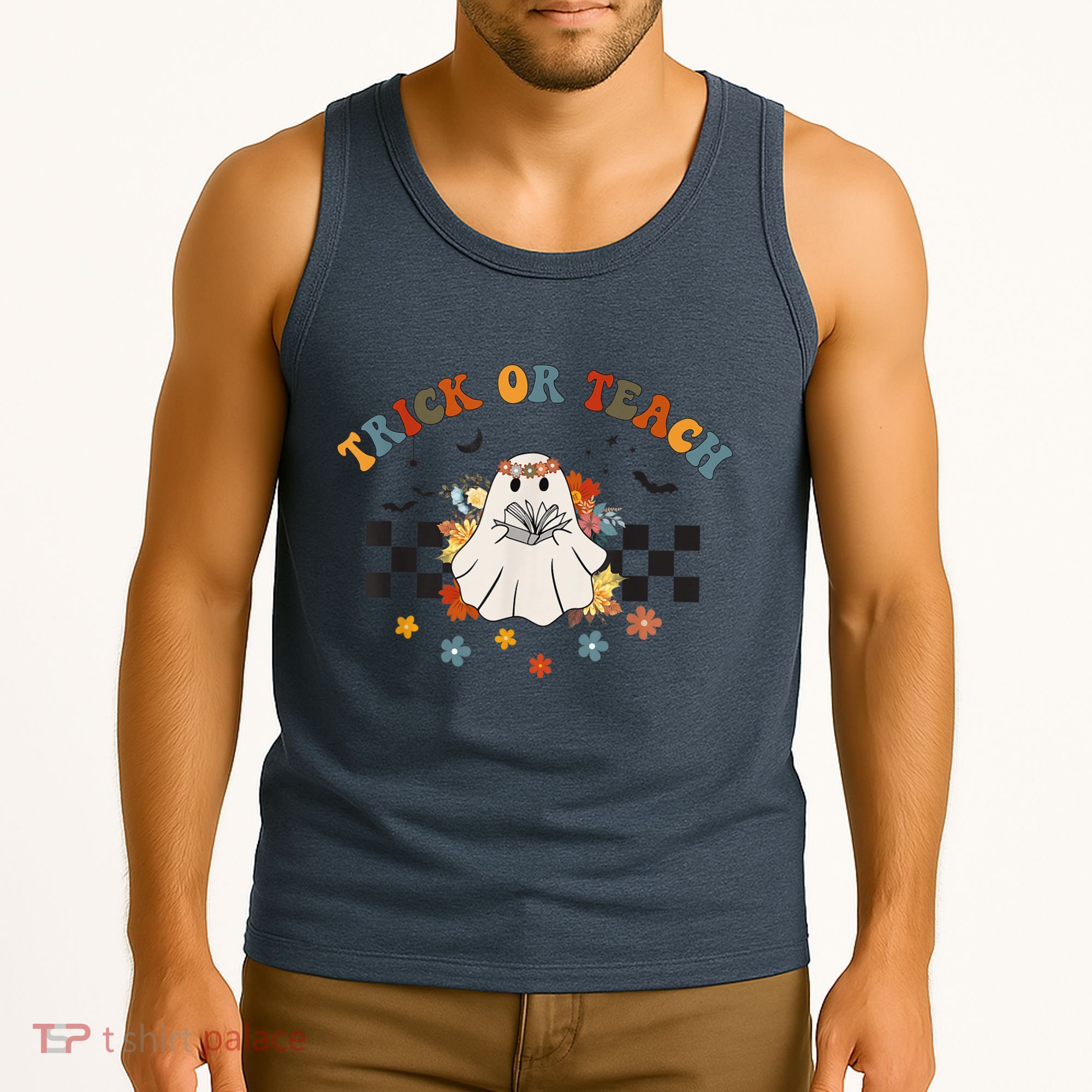 Trick or Teach Groovy Halloween Retro Floral Ghost Teacher Tank Top