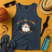 Trick or Teach Groovy Halloween Retro Floral Ghost Teacher Tank Top thumb 4