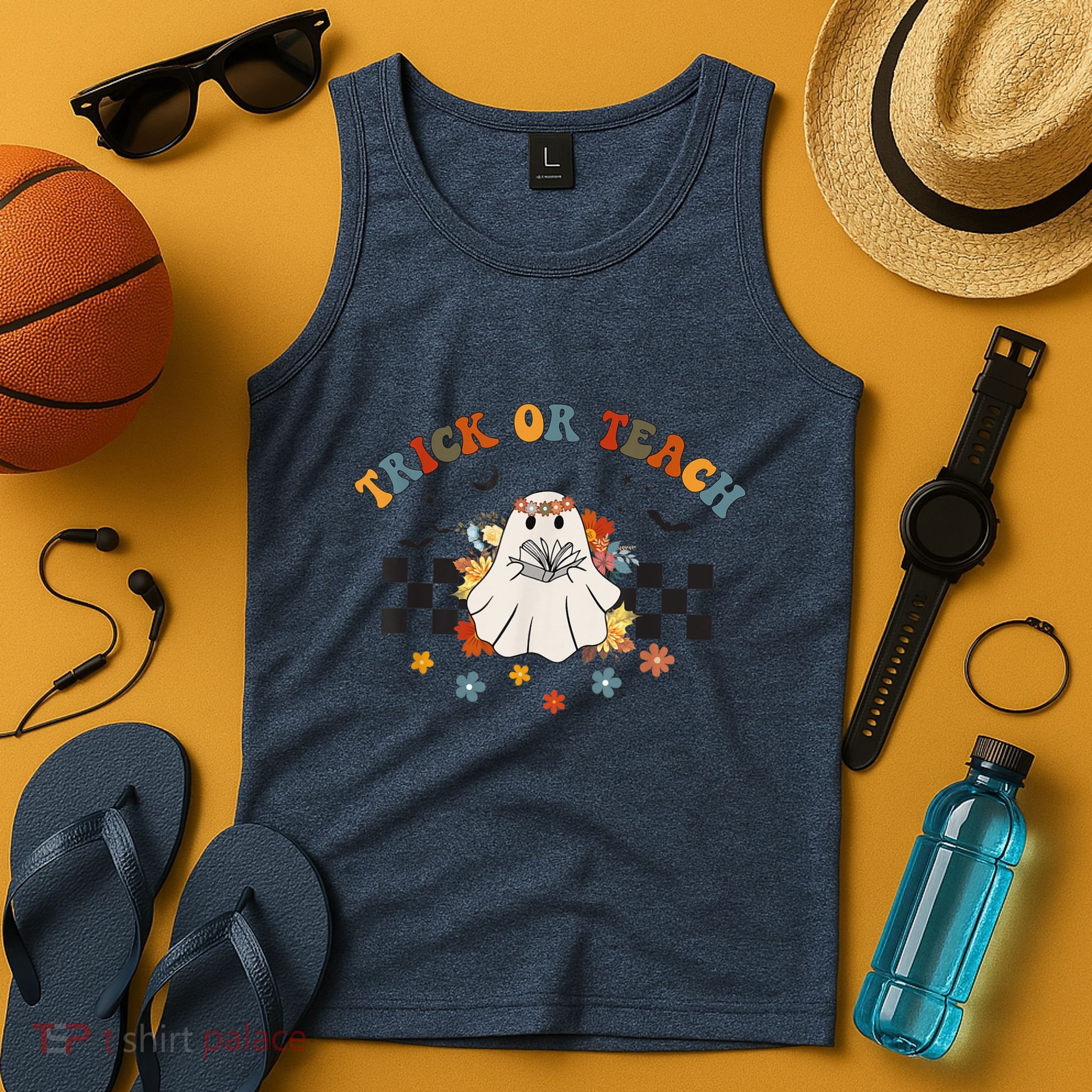 Trick or Teach Groovy Halloween Retro Floral Ghost Teacher Tank Top