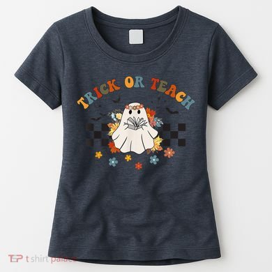 Trick or Teach Groovy Halloween Retro Floral Ghost Teacher Women's T-Shirt