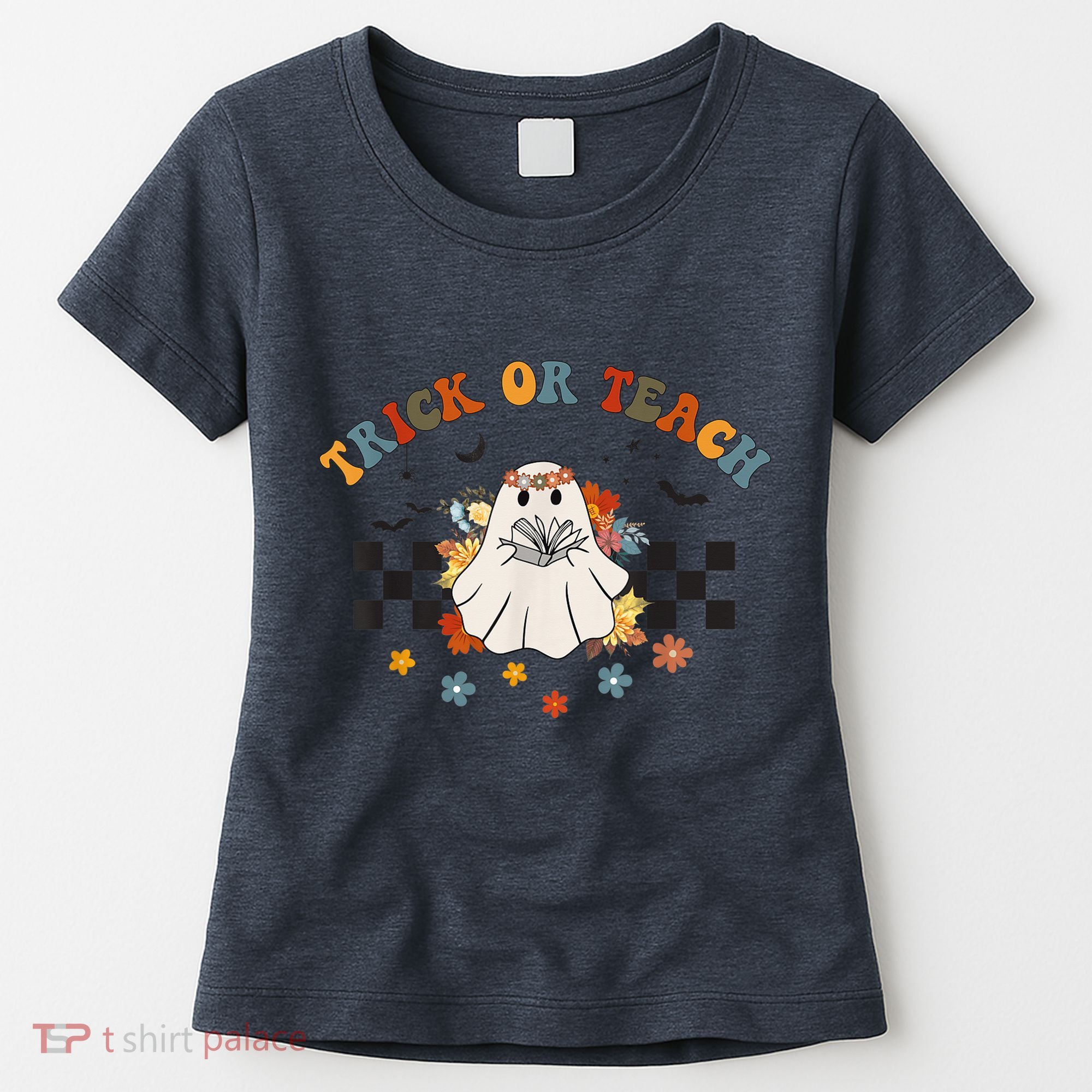 Trick or Teach Groovy Halloween Retro Floral Ghost Teacher Women's T-Shirt