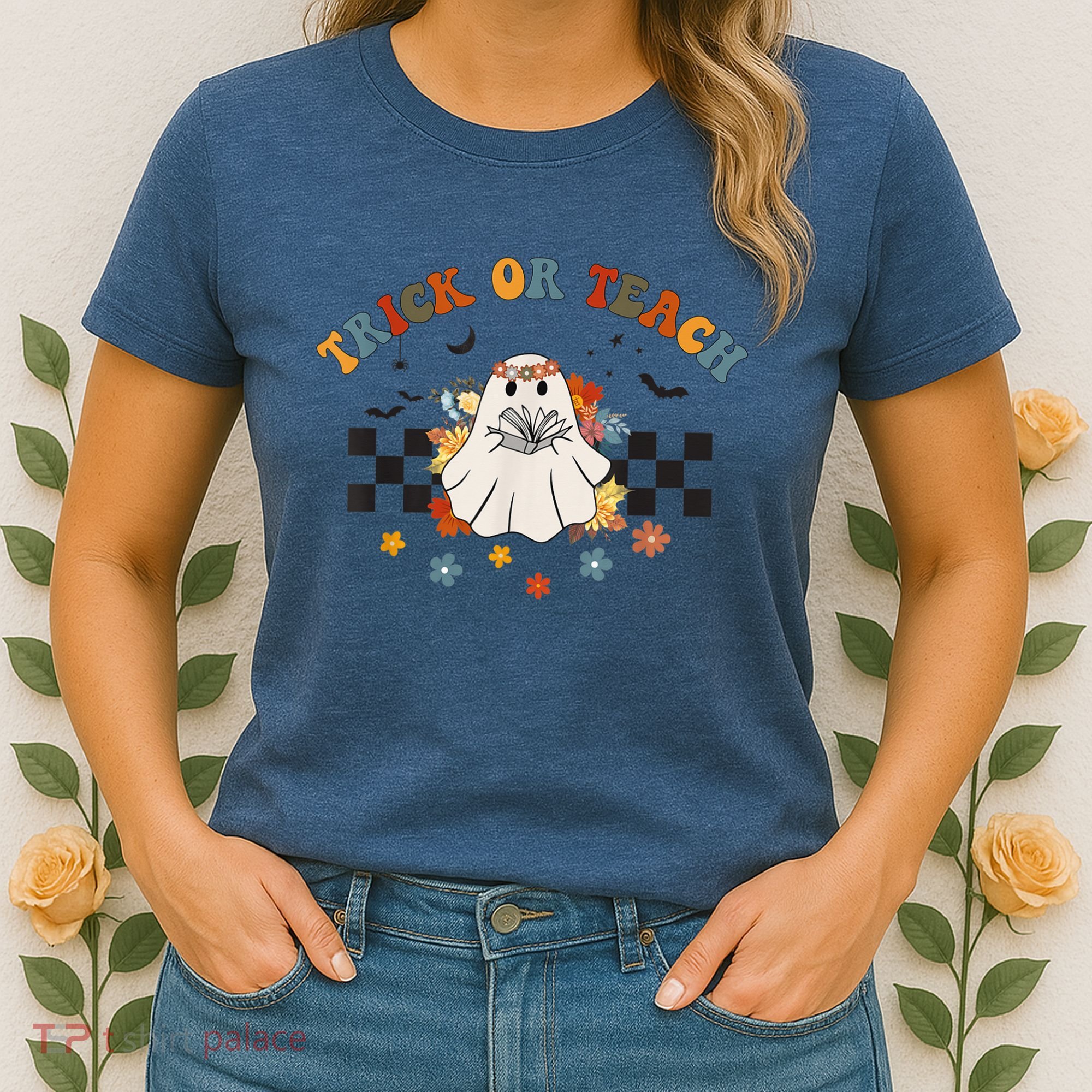 Trick or Teach Groovy Halloween Retro Floral Ghost Teacher Women's T-Shirt