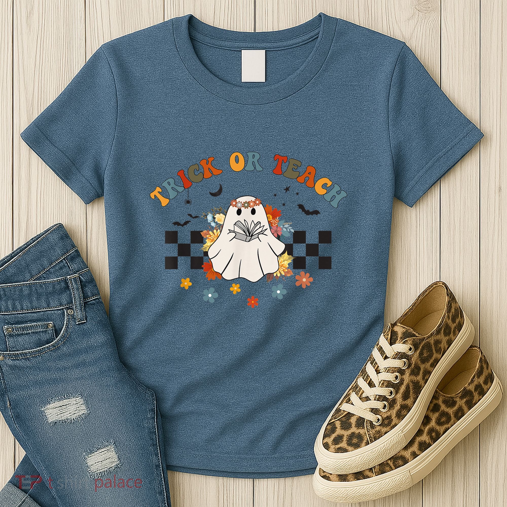 Trick or Teach Groovy Halloween Retro Floral Ghost Teacher Women's T-Shirt