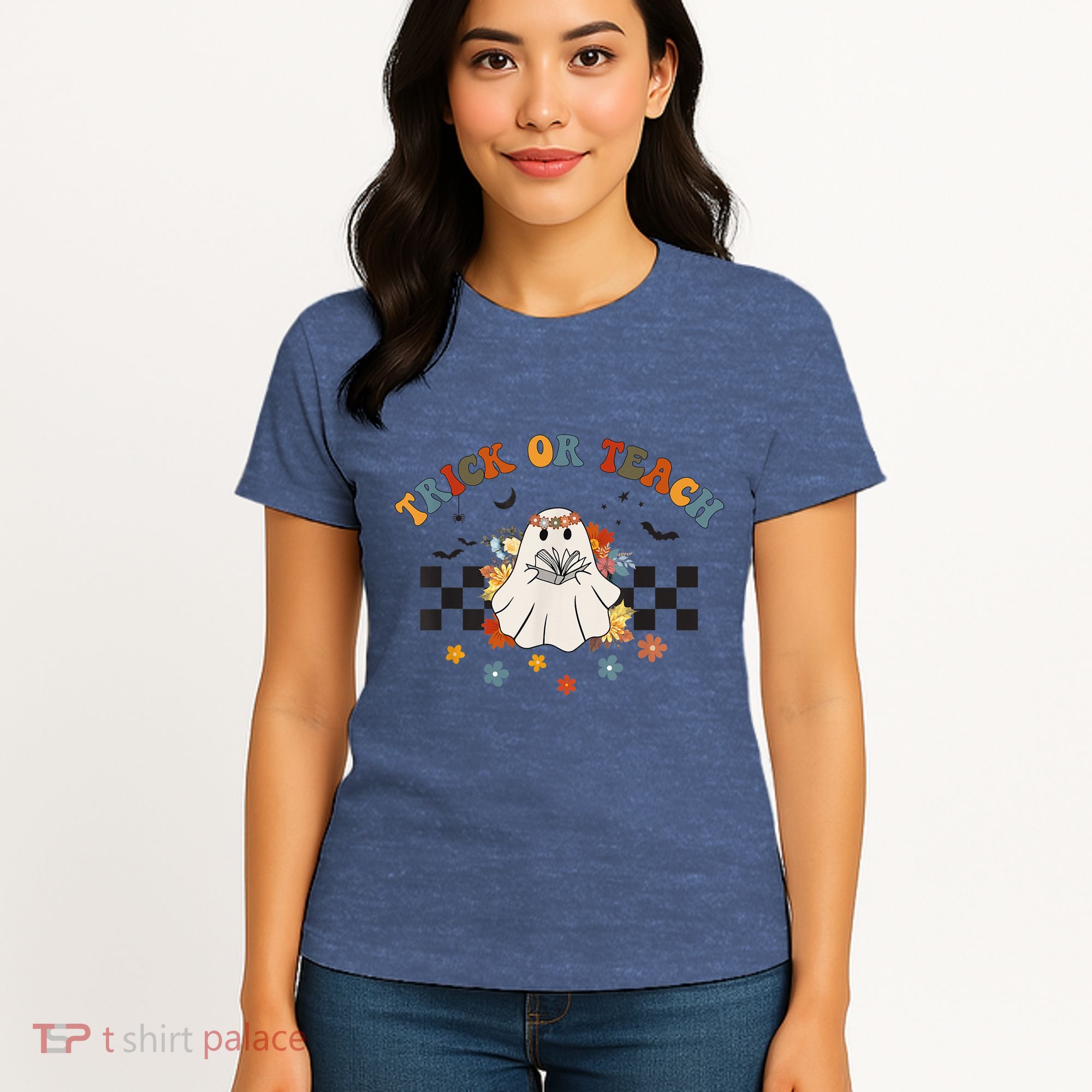 Trick or Teach Groovy Halloween Retro Floral Ghost Teacher Women's T-Shirt