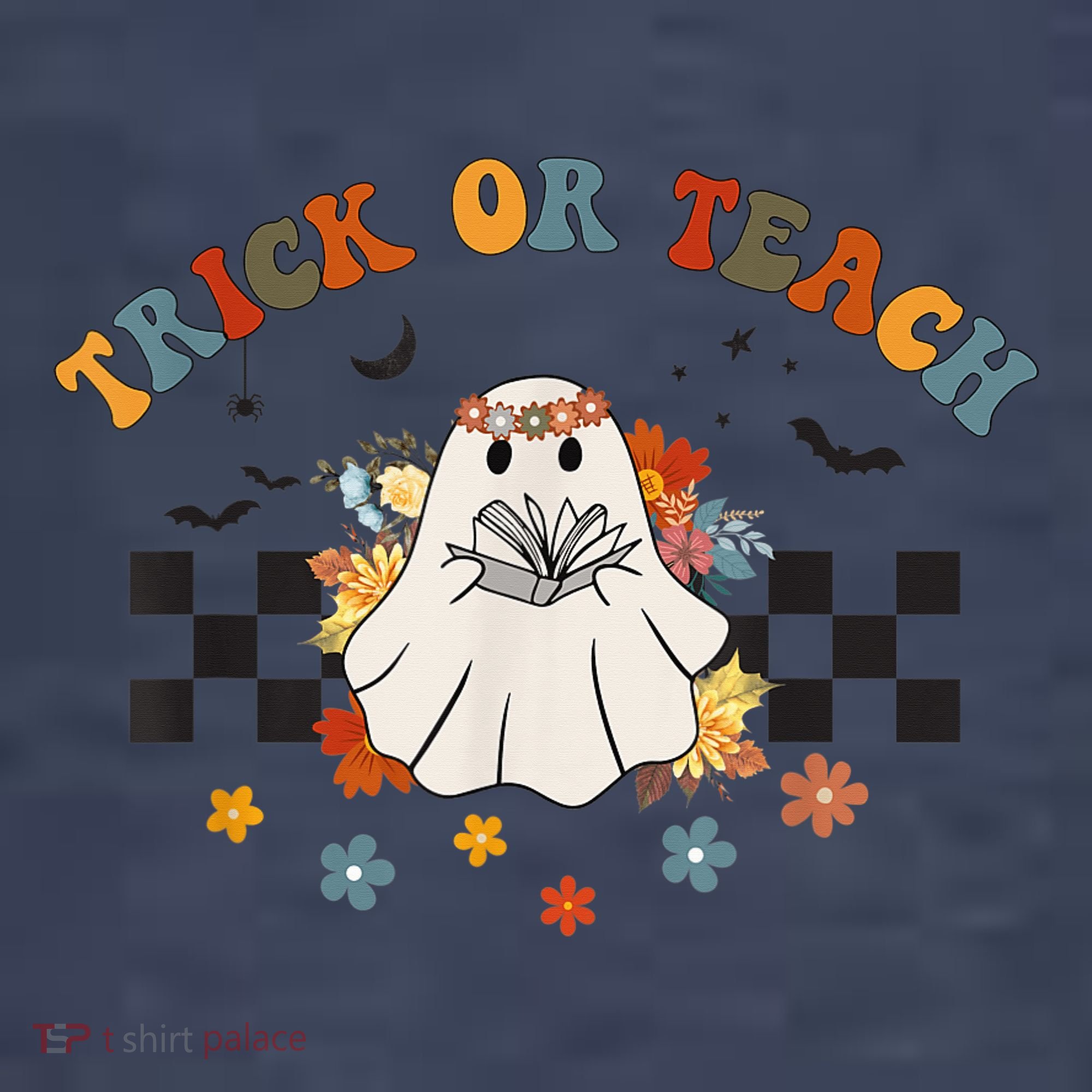 Trick or Teach Groovy Halloween Retro Floral Ghost Teacher Women's T-Shirt