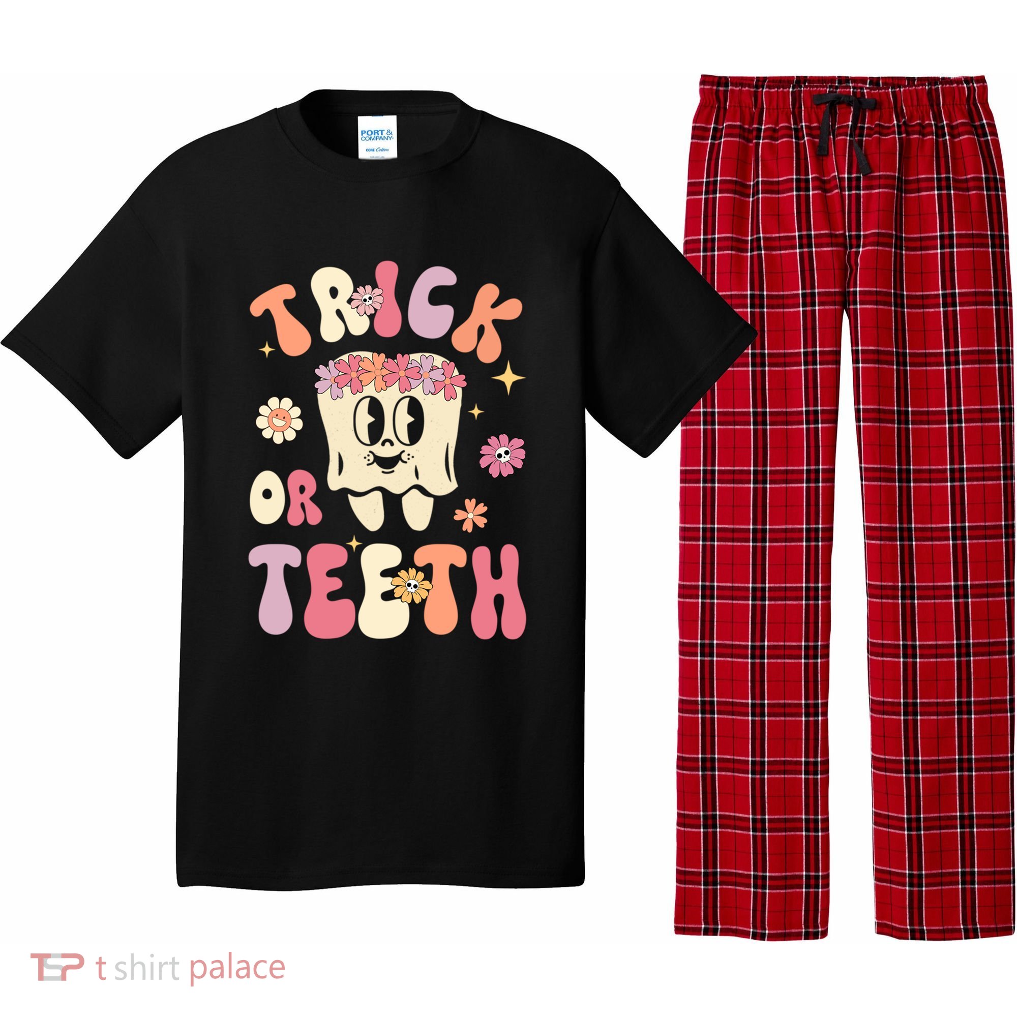Trick Or Teeth Funny Dental Halloween Floral Ghost Dentist Great Gift Pajama Set