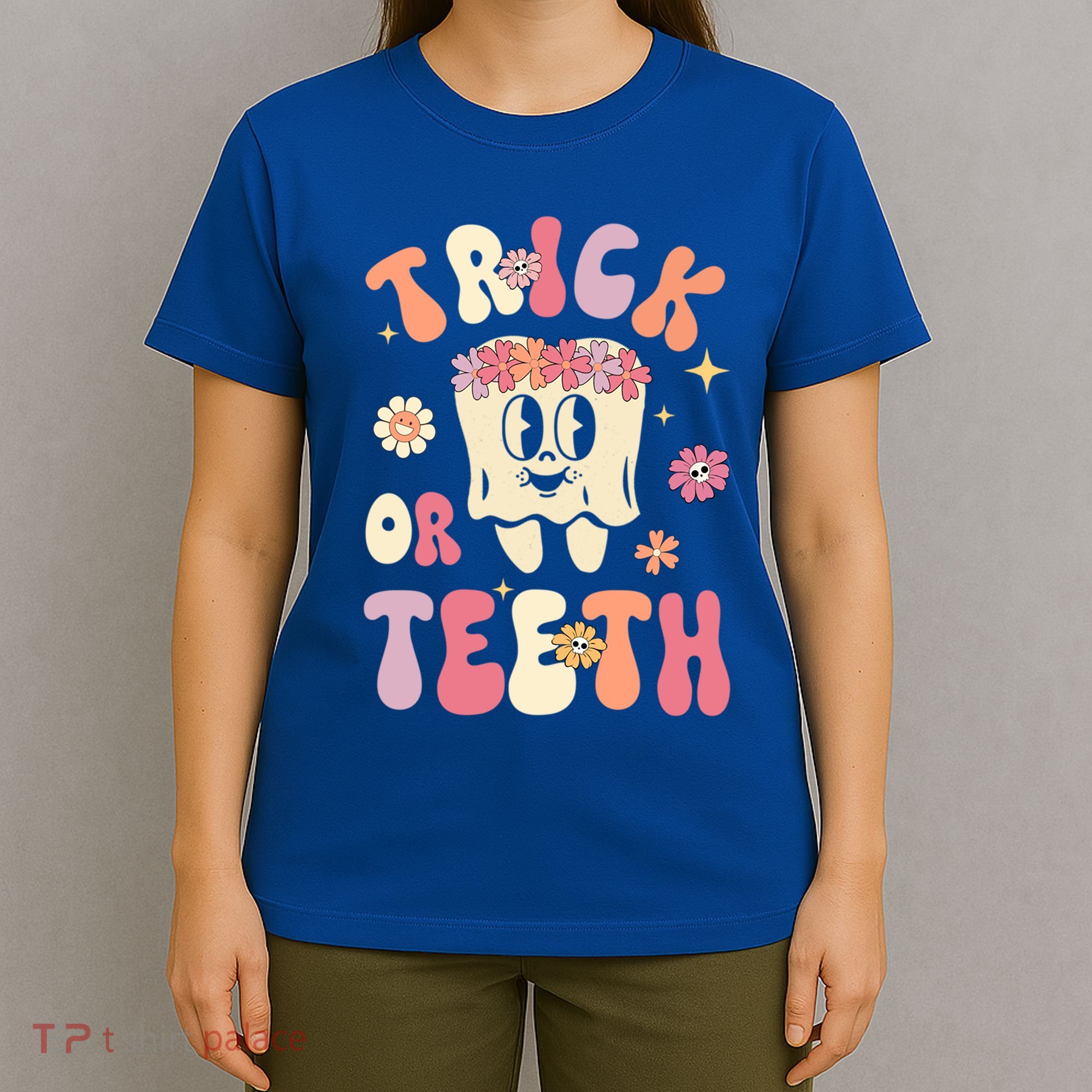 Trick Or Teeth Funny Dental Halloween Floral Ghost Dentist Great Gift T-Shirt