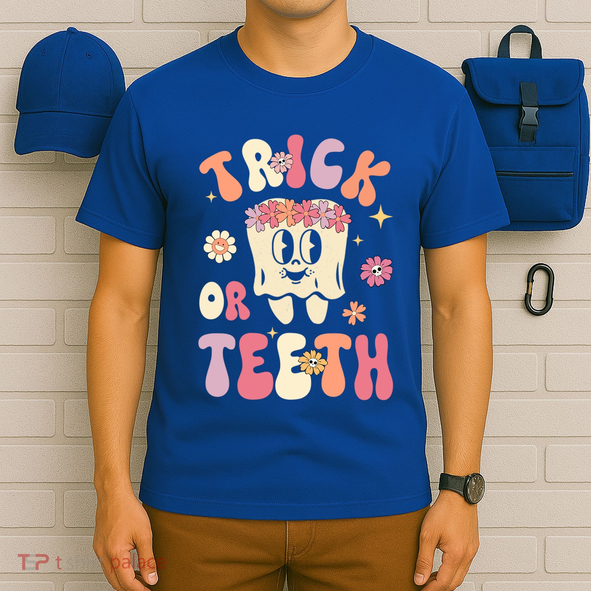 Trick Or Teeth Funny Dental Halloween Floral Ghost Dentist Great Gift T-Shirt