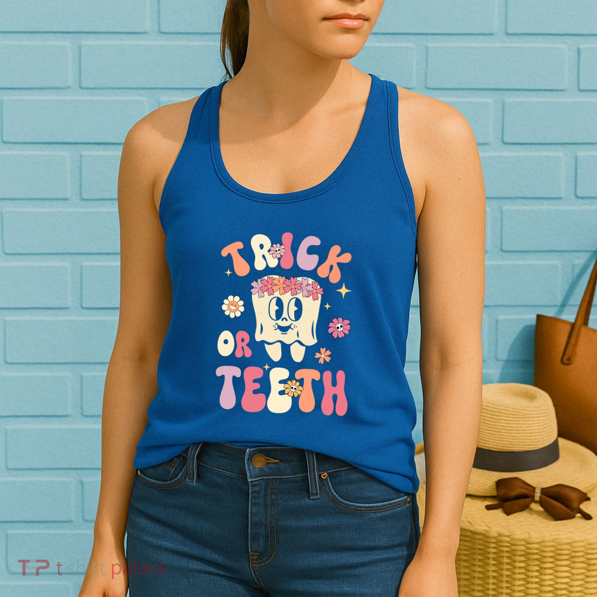 Trick Or Teeth Funny Dental Halloween Floral Ghost Dentist Great Gift Women's Tank Top