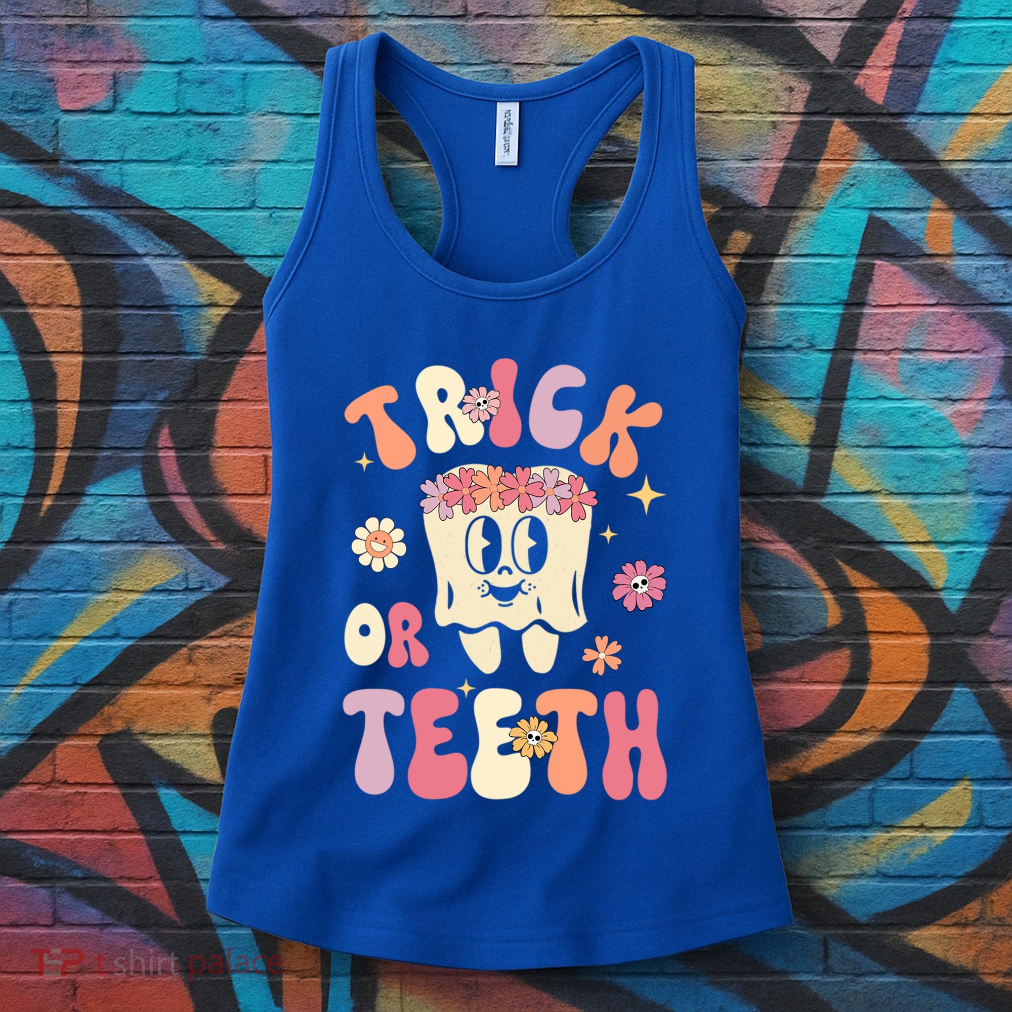 Trick Or Teeth Funny Dental Halloween Floral Ghost Dentist Great Gift Women's Tank Top