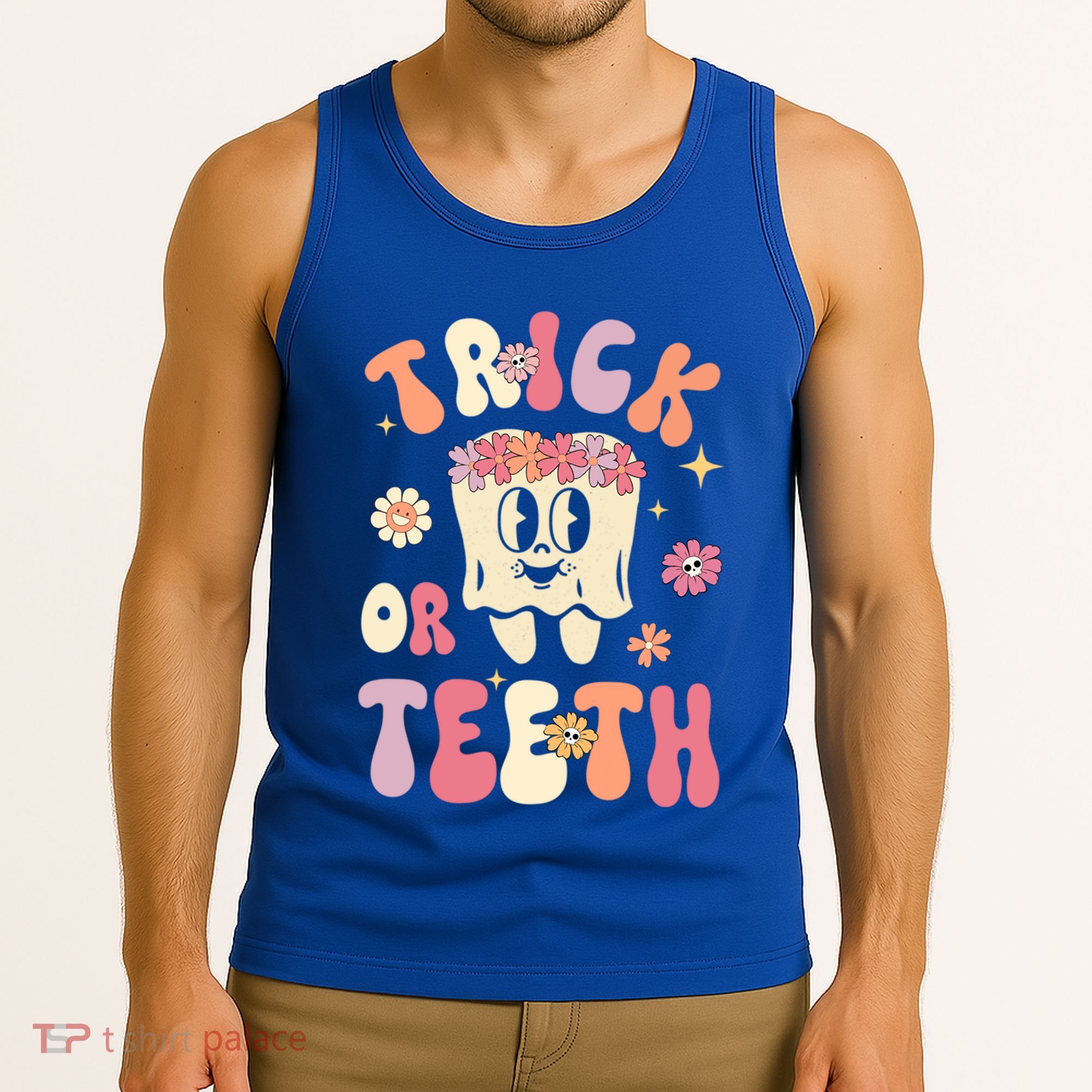 Trick Or Teeth Funny Dental Halloween Floral Ghost Dentist Great Gift Tank Top