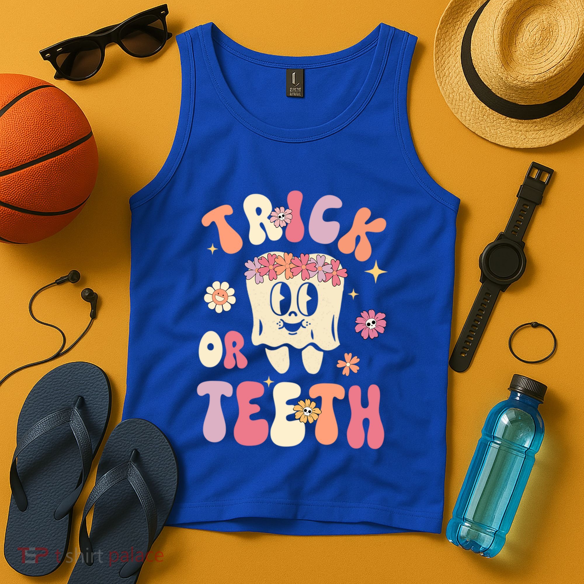 Trick Or Teeth Funny Dental Halloween Floral Ghost Dentist Great Gift Tank Top