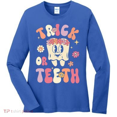 Trick Or Teeth Funny Dental Halloween Floral Ghost Dentist Great Gift Women's Long Sleeve Shirt