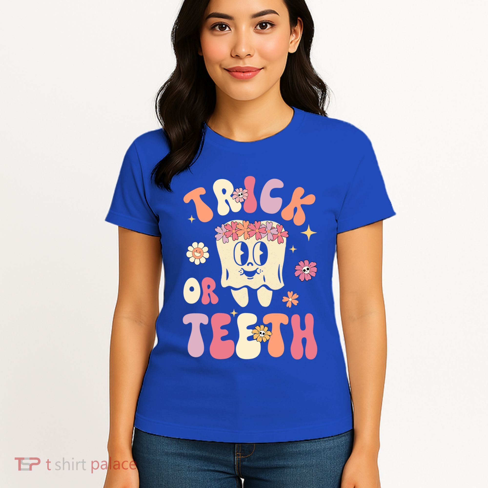 Trick Or Teeth Funny Dental Halloween Floral Ghost Dentist Great Gift Women's T-Shirt