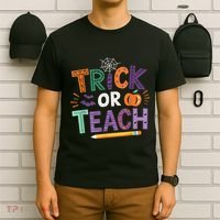 Trick Or Teach Halloween Retro Pumpkin Teacher T-Shirt thumb 6