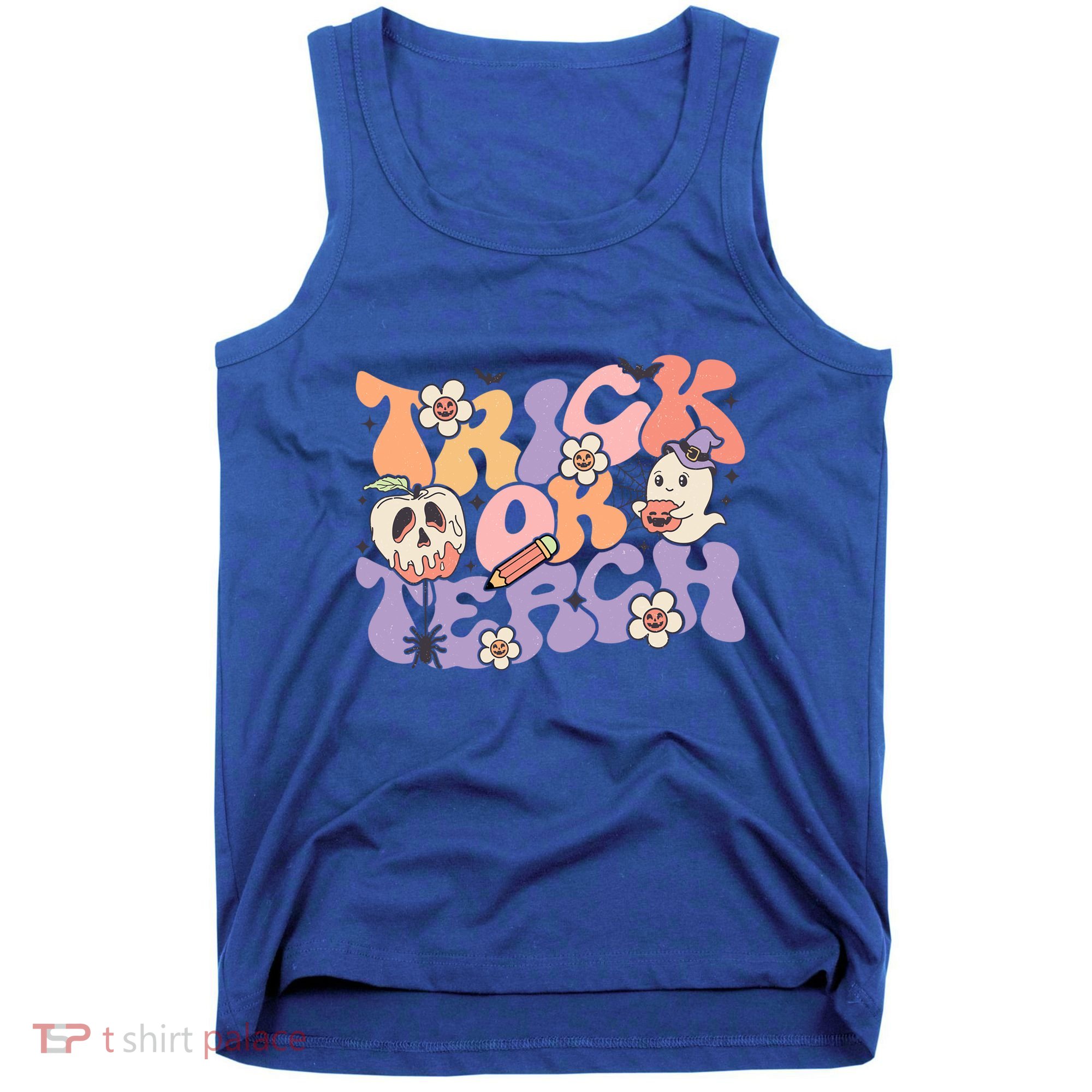 Trick Or Teach Retro Floral Ghost Teacher Groovy Halloween Great Gift Tank Top
