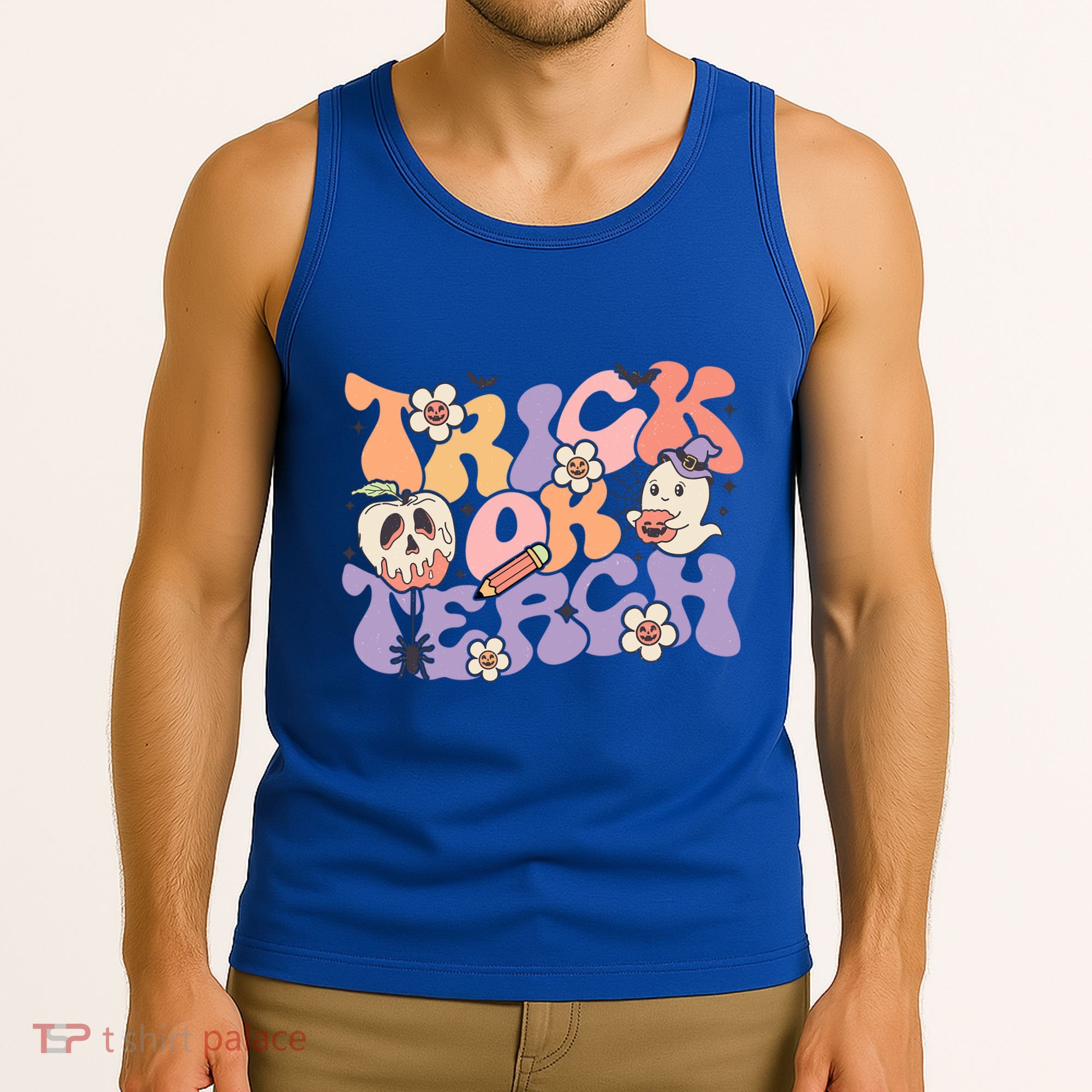 Trick Or Teach Retro Floral Ghost Teacher Groovy Halloween Great Gift Tank Top