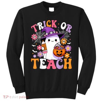 Trick Or Teach Groovy Teacher Ghost Funny Halloween Teacher Sweatshirt