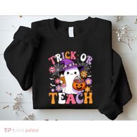 Trick Or Teach Groovy Teacher Ghost Funny Halloween Teacher Sweatshirt thumb 2