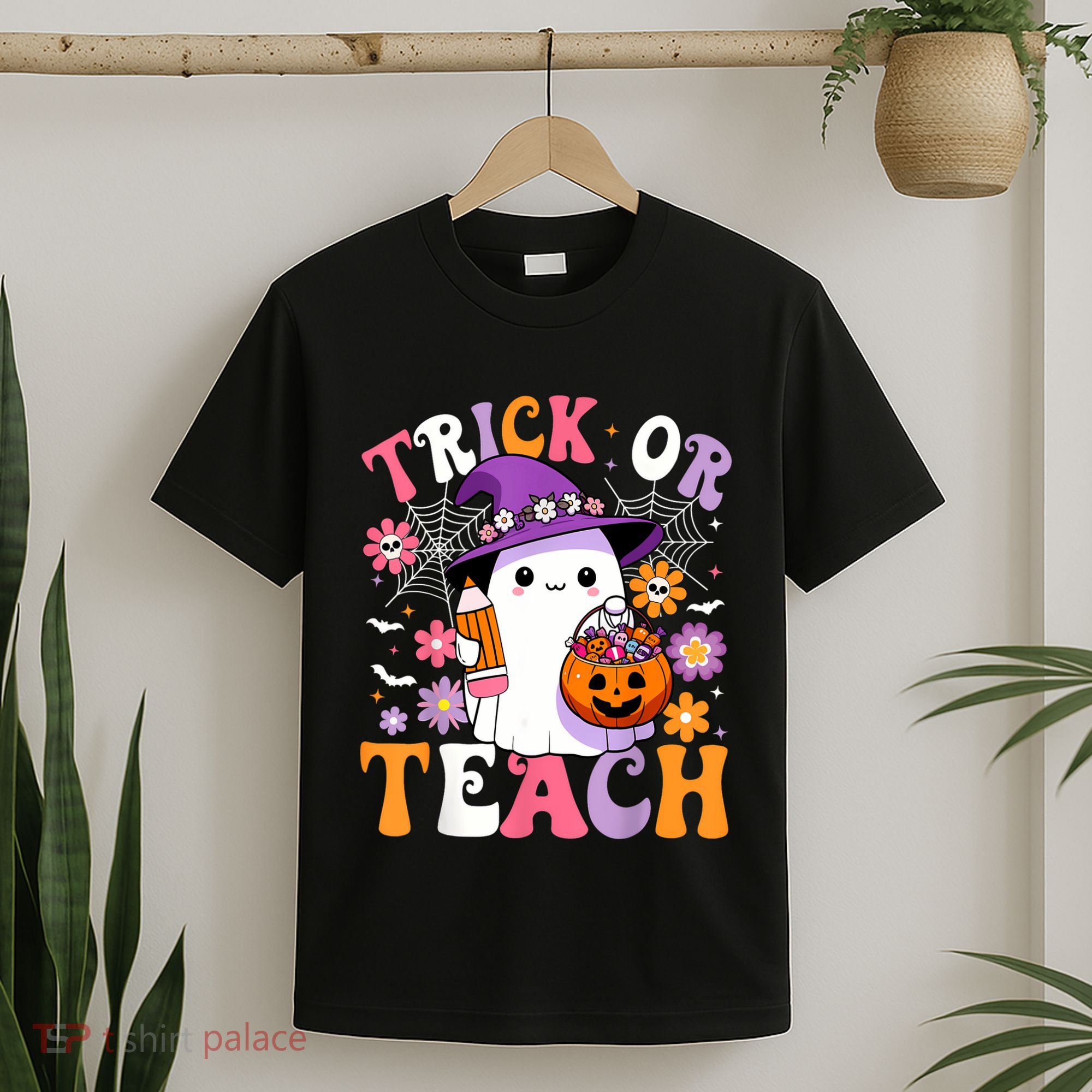 Trick Or Teach Groovy Teacher Ghost Funny Halloween Teacher T-Shirt