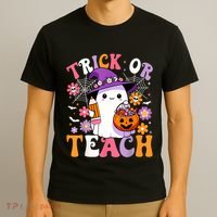 Trick Or Teach Groovy Teacher Ghost Funny Halloween Teacher T-Shirt thumb 3