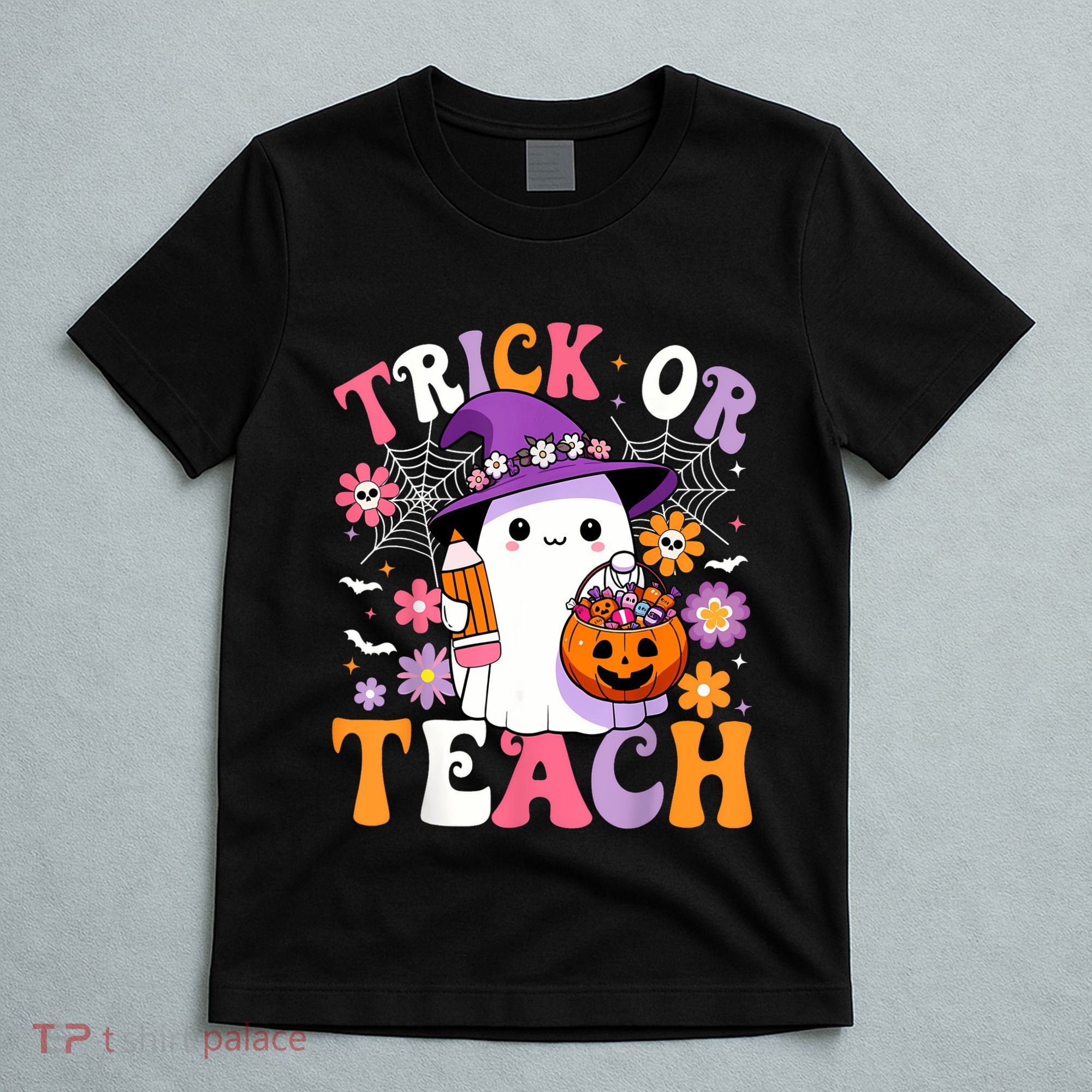 Trick Or Teach Groovy Teacher Ghost Funny Halloween Teacher T-Shirt