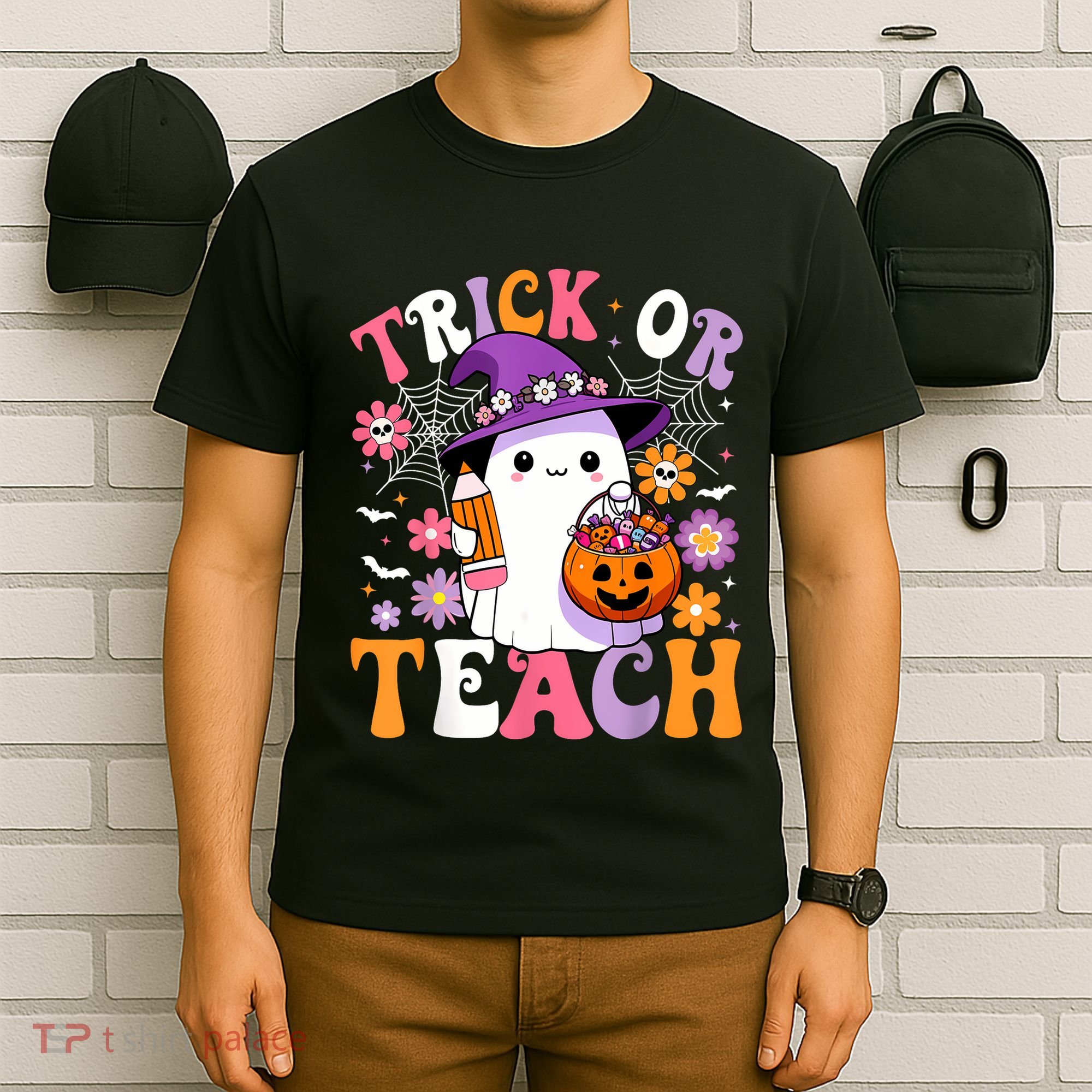 Trick Or Teach Groovy Teacher Ghost Funny Halloween Teacher T-Shirt