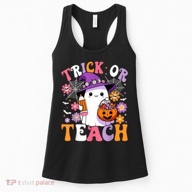 Trick Or Teach Groovy Teacher Ghost Funny Halloween Teacher Women's Tank Top