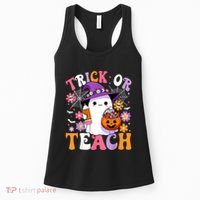Trick Or Teach Groovy Teacher Ghost Funny Halloween Teacher Women's Tank Top thumb 0