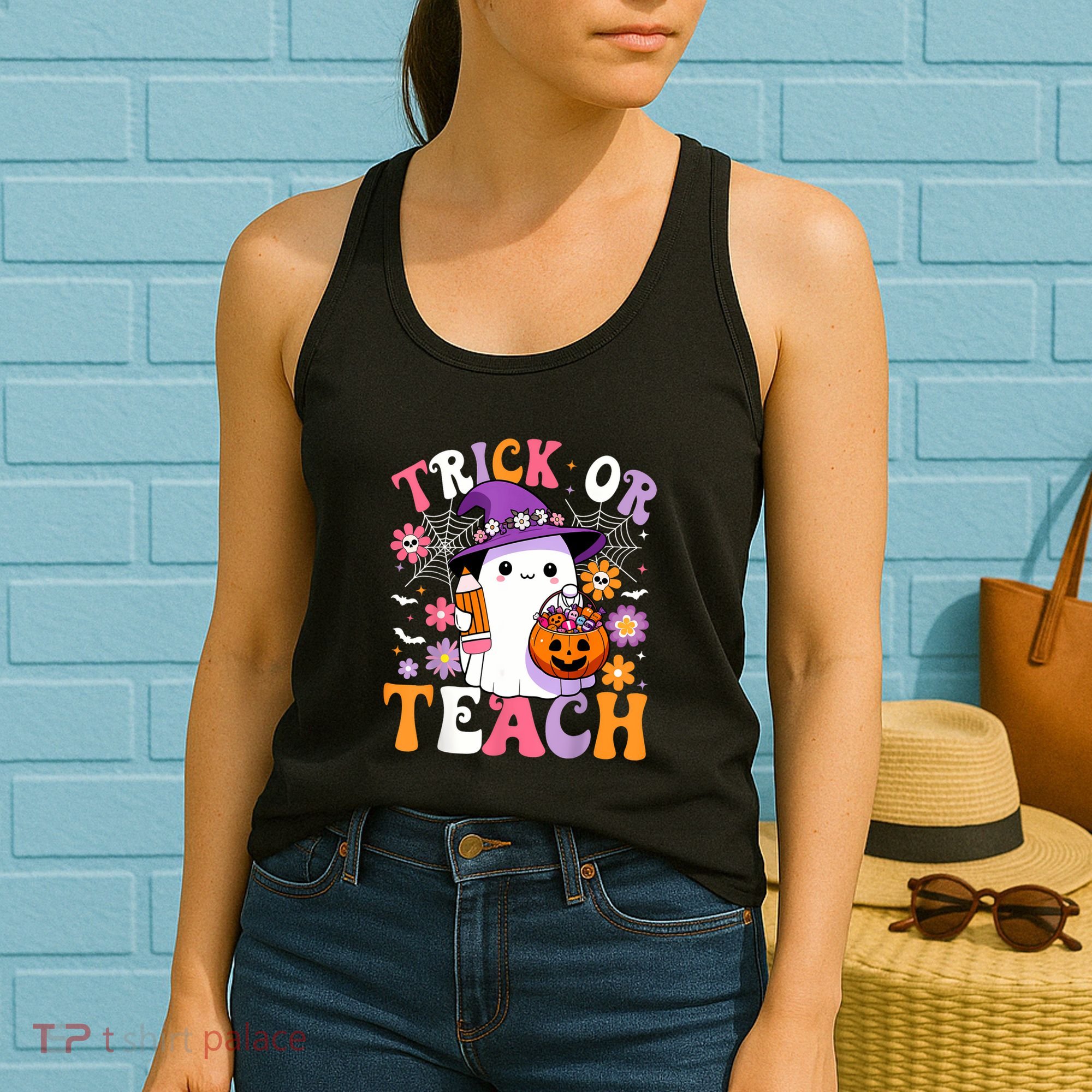 Trick Or Teach Groovy Teacher Ghost Funny Halloween Teacher Women's Tank Top