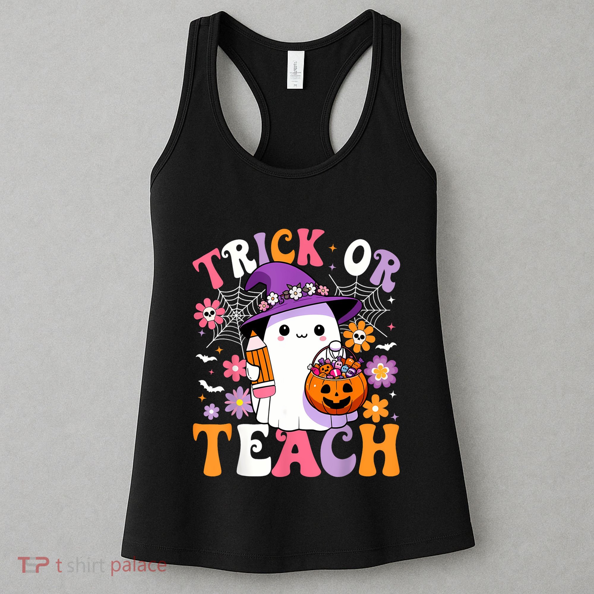 Trick Or Teach Groovy Teacher Ghost Funny Halloween Teacher Women's Tank Top