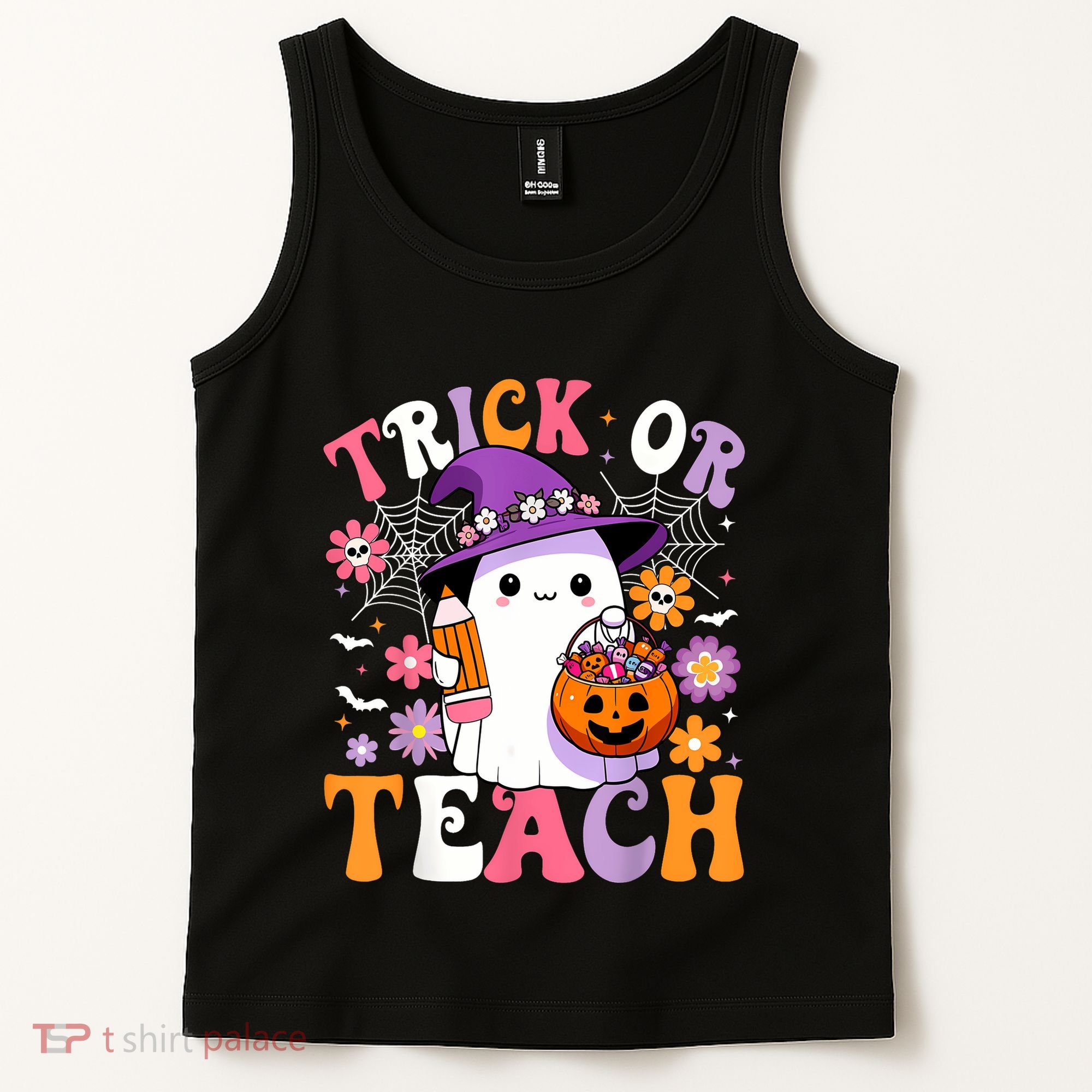 Trick Or Teach Groovy Teacher Ghost Funny Halloween Teacher Tank Top