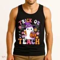Trick Or Teach Groovy Teacher Ghost Funny Halloween Teacher Tank Top thumb 3