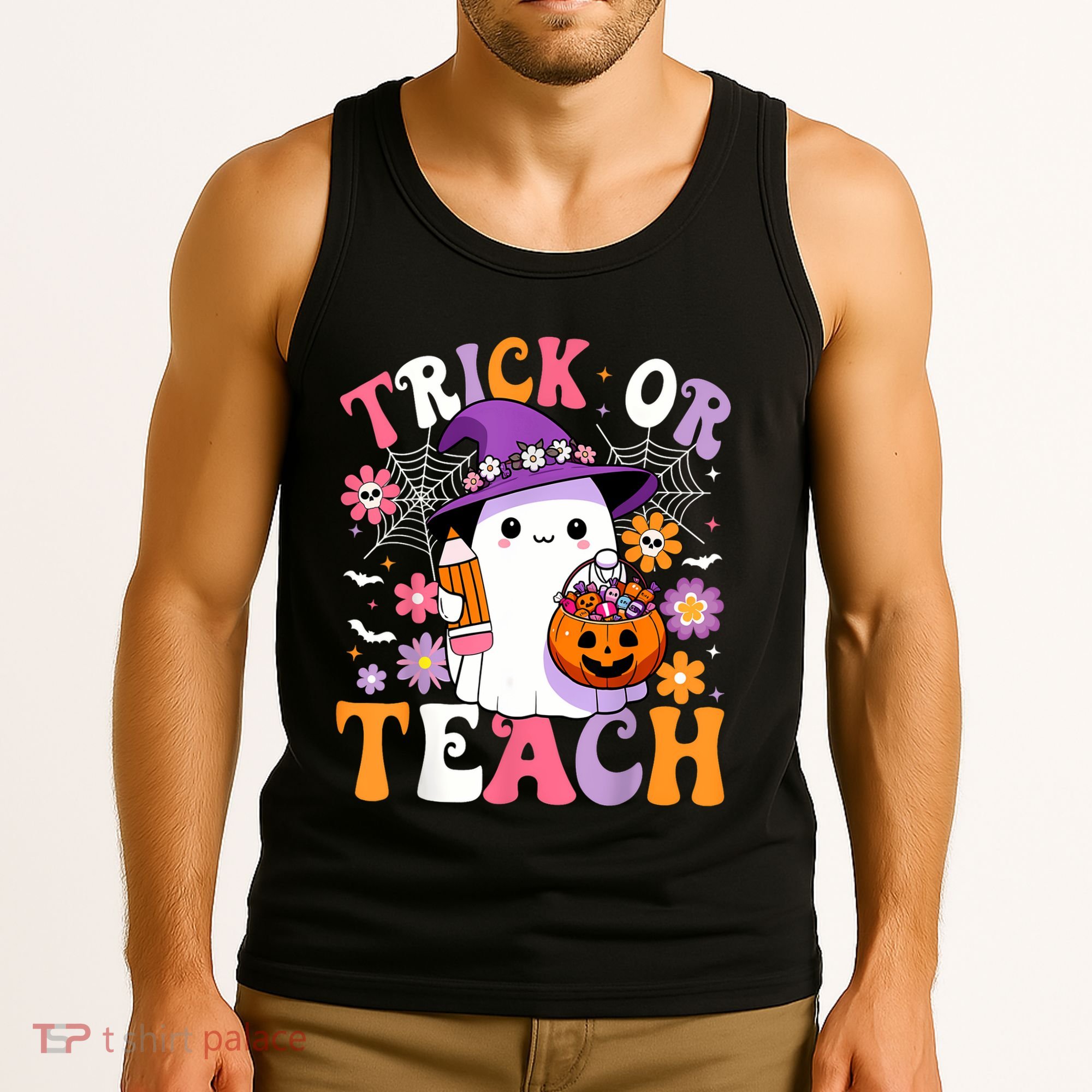 Trick Or Teach Groovy Teacher Ghost Funny Halloween Teacher Tank Top